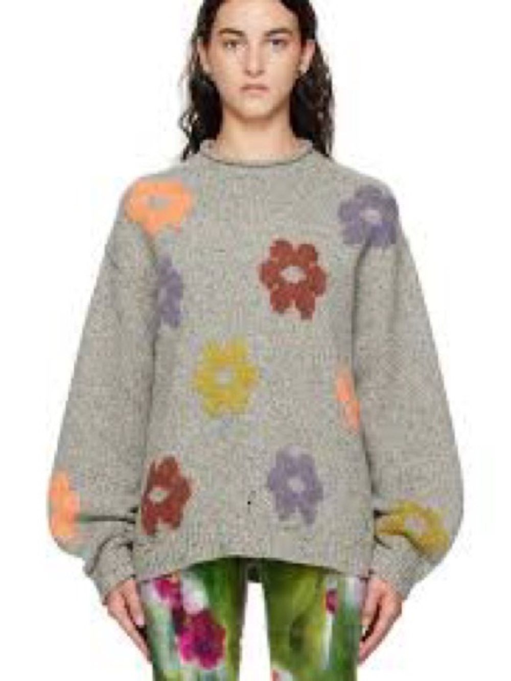 Acne Grey Crewneck Sweater with Multicolor Floral Motifs